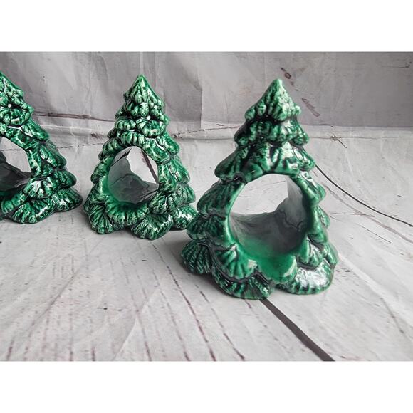 Vintage Ceramic Christmas Tree Napkin Rings Napkin Holders Set Of 4 MCM - Picture 4 of 11